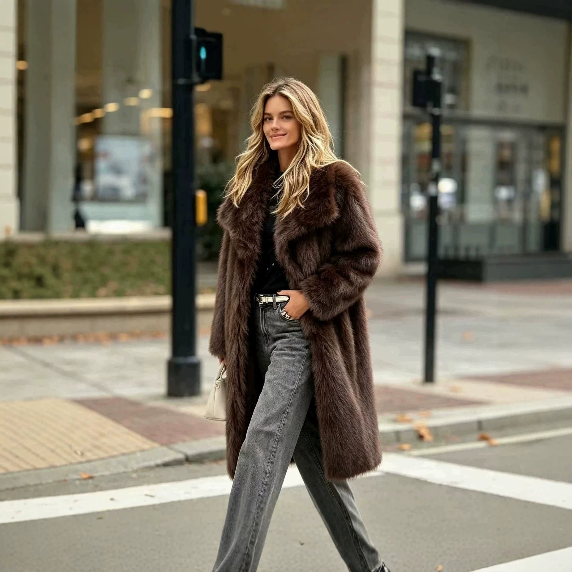 Women's Long High-Pile Faux Fur Coat with Oversized Lapel Collar and Straight Silhouette Chichicherry