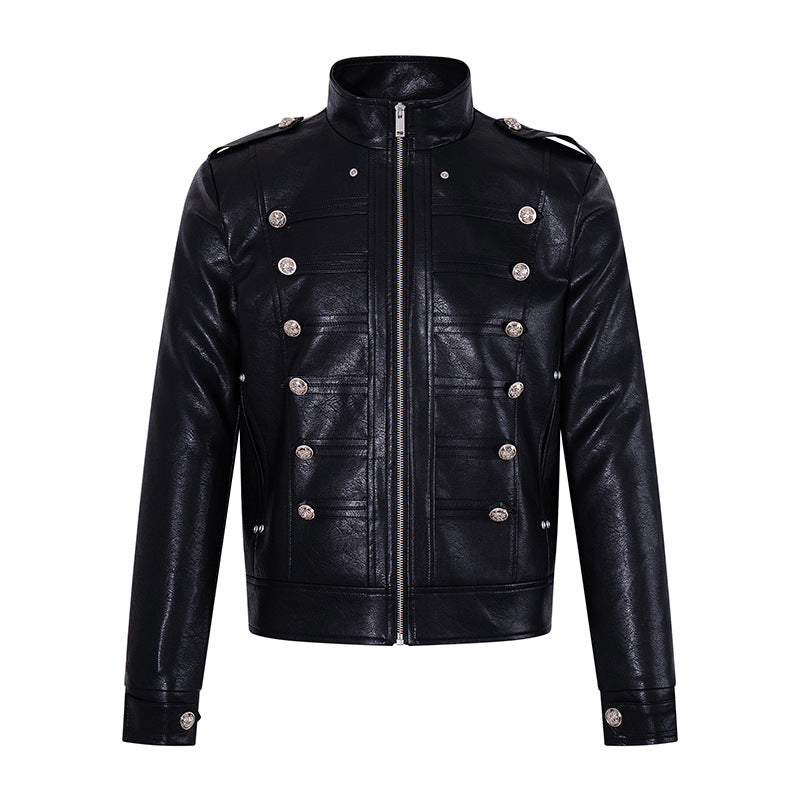 Men's military-inspired faux leather jacket with stand-up collar, decorative button row and shoulder pads Chichicherry
