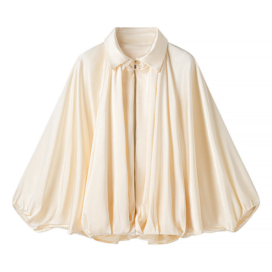 Women Silky-flowing Cape Blouse with Zipper, Balloon Sleeves, and Shirt Collar Chichicherry