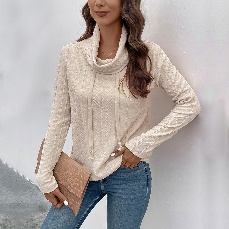 Ladies fine knit cowl neck pullover with drawstring and cable knit detail Chichicherry