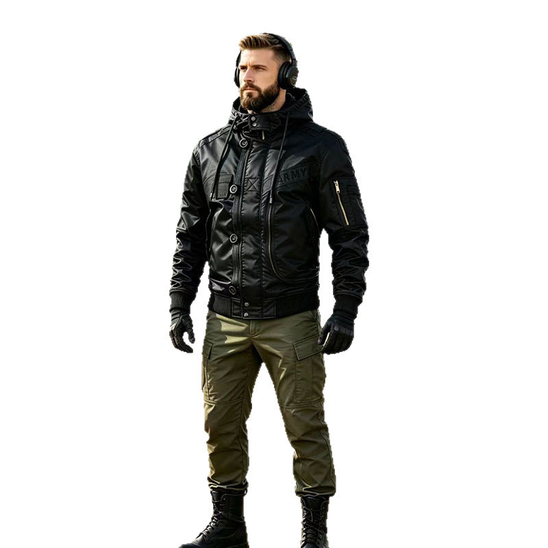Men's Military-Inspired Hooded Bomber Jacket with Utility Pockets Chichicherry