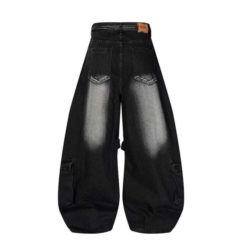 Women's wide denim cargo pants in balloon cut with large patch pockets and braided belt Chichicherry