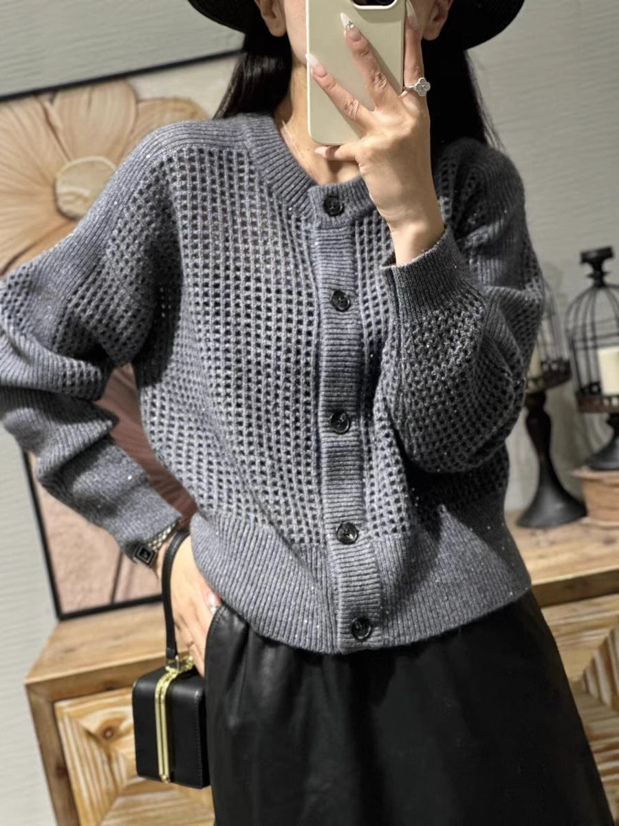 Ladies Loose Mesh Cardigan with Grid Ajour, Round Neckline and Button Placket Chichicherry