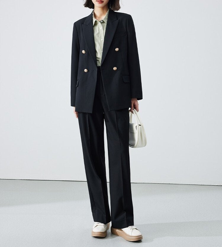 Women's Double-Breasted Blazer with Shiny Buttons Chichicherry