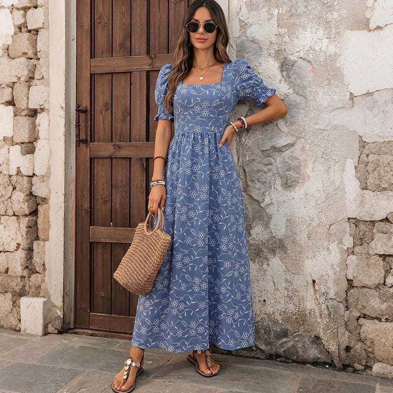Women's Long Light Summer Maxi Dress with Square Neckline, Puff Sleeves and Floral Embroidery Look Chichicherry