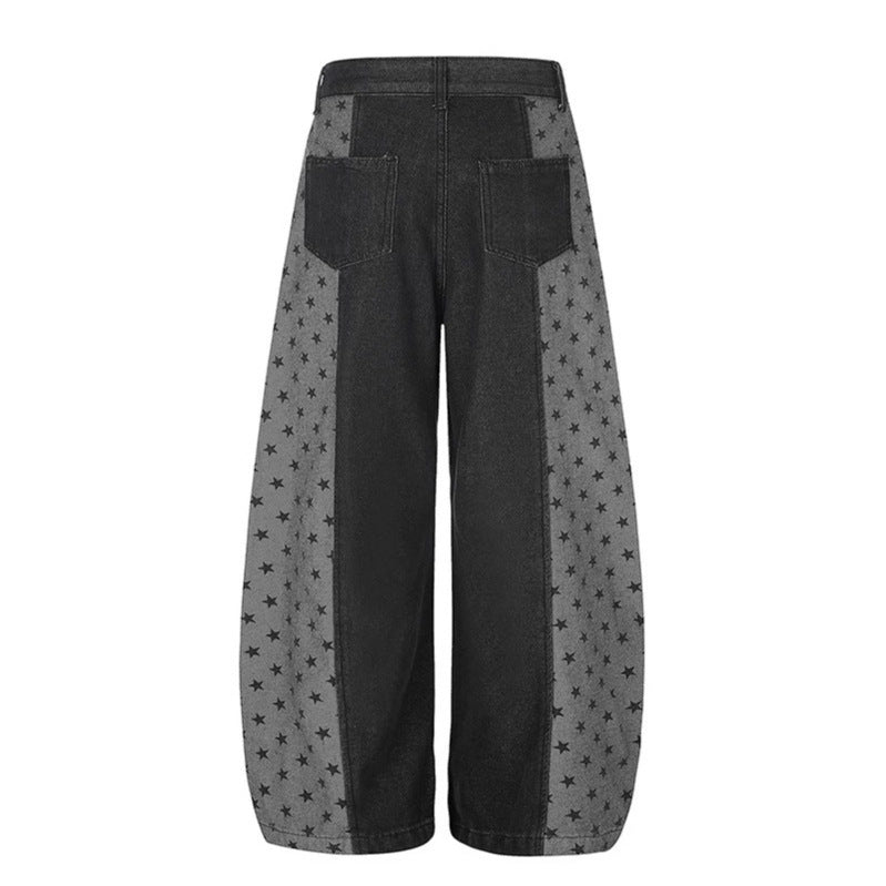 Women's Wide Denim Palazzo Pants with Contrast Sides, Star Print and Patch Pockets Chichicherry