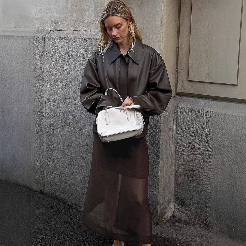 Ladies Cropped Boxy Jacket made of faux leather with oversized collar and concealed zipper placket Chichicherry