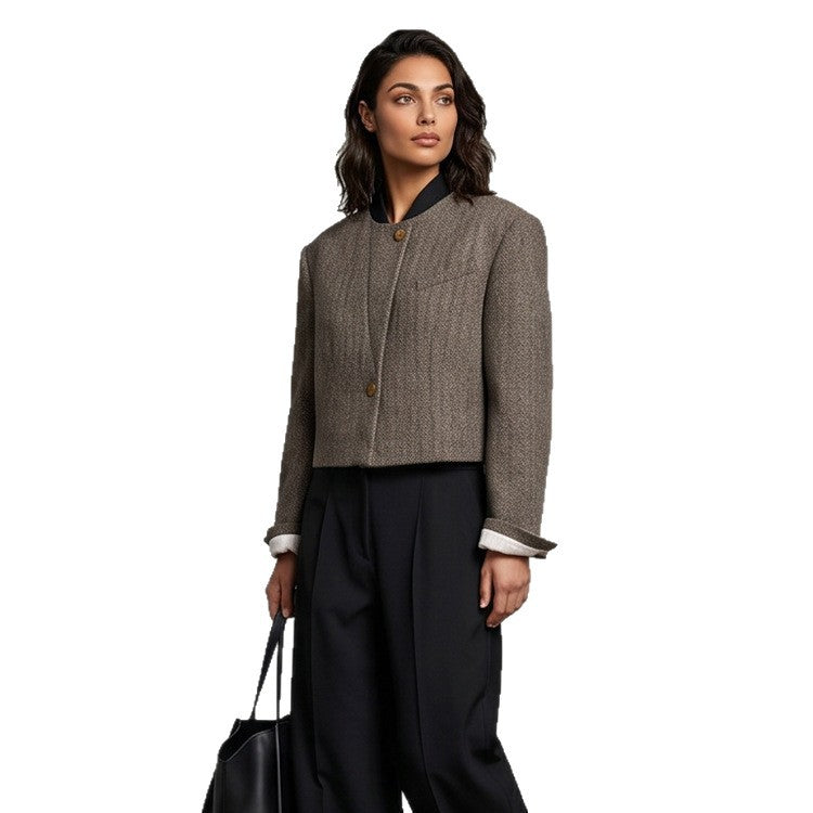 Ladies Short Cut Wool Blazer with Stand-up Collar and Herringbone Pattern Chichicherry