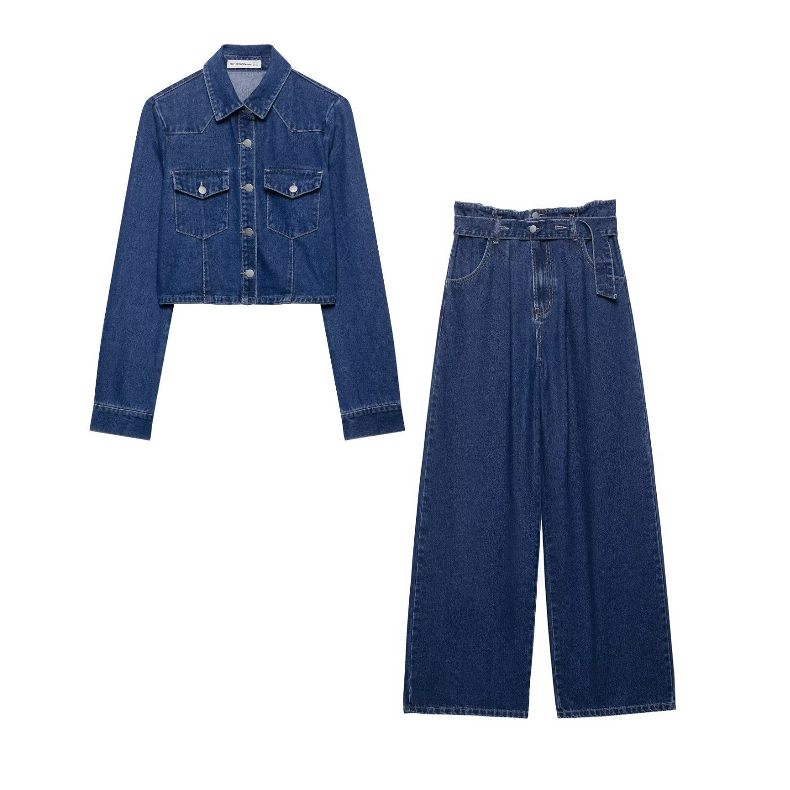 Women Short Cut Denim Jacket with Chest Pockets and Snap Placket Chichicherry