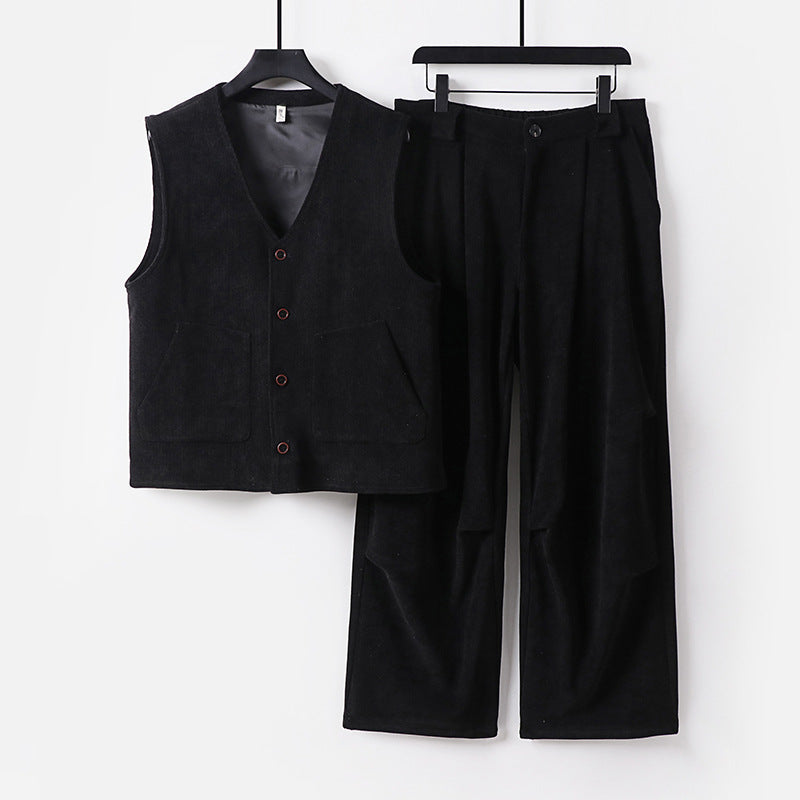 Men's cord loungewear set with V-neck vest and wide pleated trousers Chichicherry