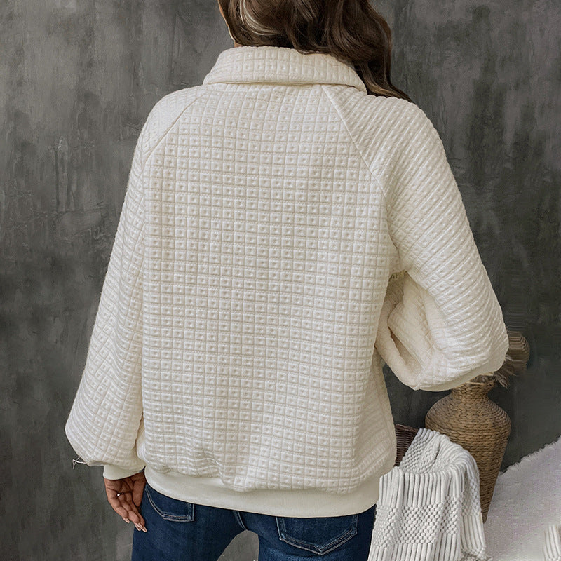 Women's Structured Waffle Knit Sweater with Polo Collar and Decorative Button Placket Chichicherry