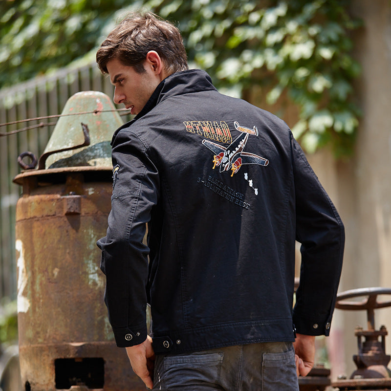 Men's military-inspired canvas field jacket with epaulettes, embroidered patches, and concealed two-way zipper Chichicherry