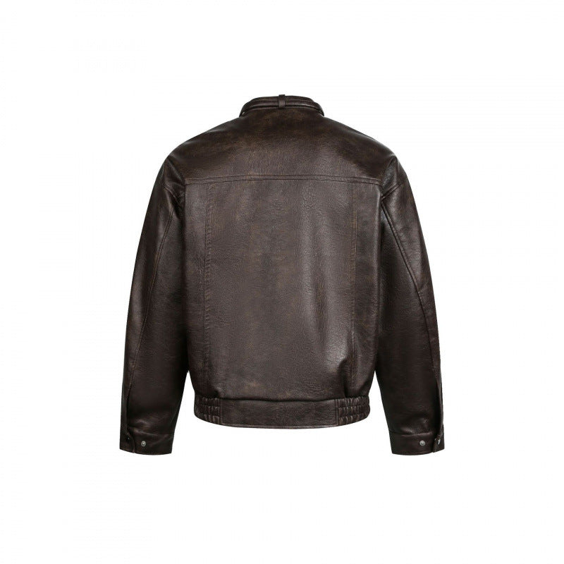 Men's leather bomber jacket with stand-up collar and elastic hem Chichicherry