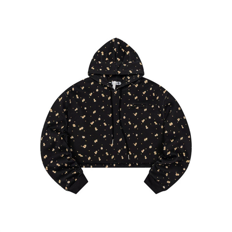 Women's Cropped Hoodie Sweatshirt with Allover Floral Print, Chest Pocket and Ruffled Hem Chichicherry