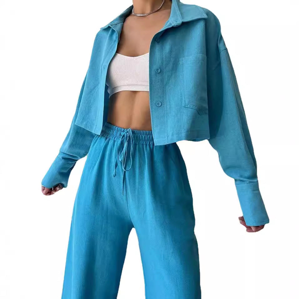 Damen Leinenoptik-Loungewear-Set mit Cropped-Overshirt und High-Waist-Tunnelzughose Chichicherry
