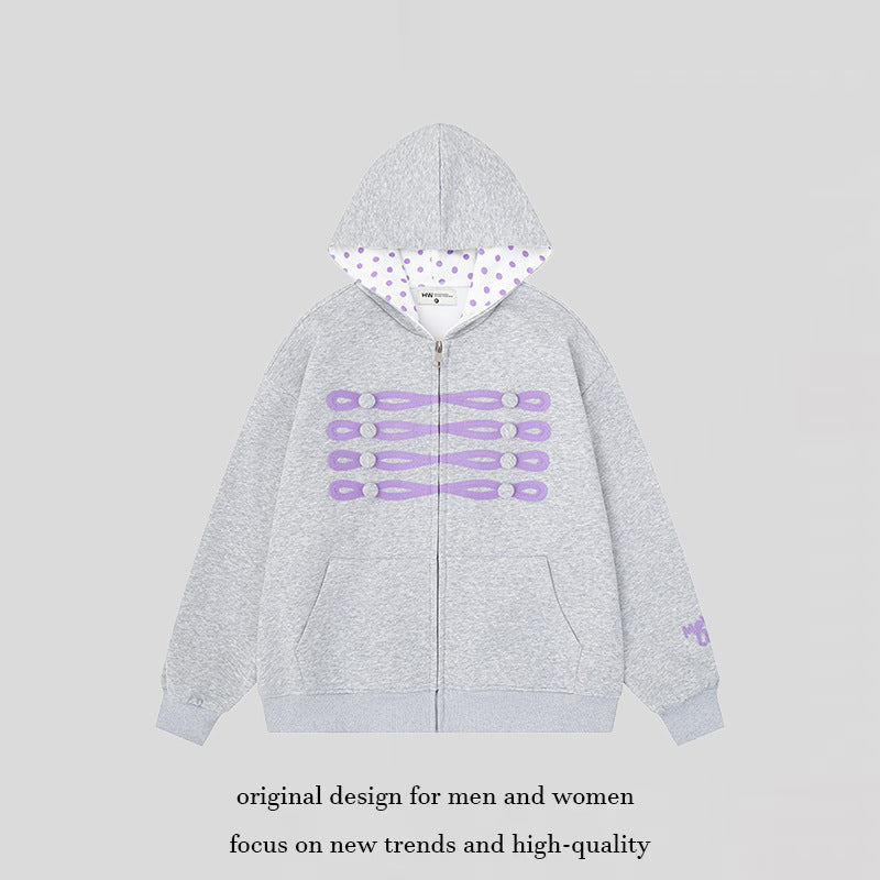 Women's oversized hooded sweatshirt jacket with decorative button print and polka dot hood lining Chichicherry