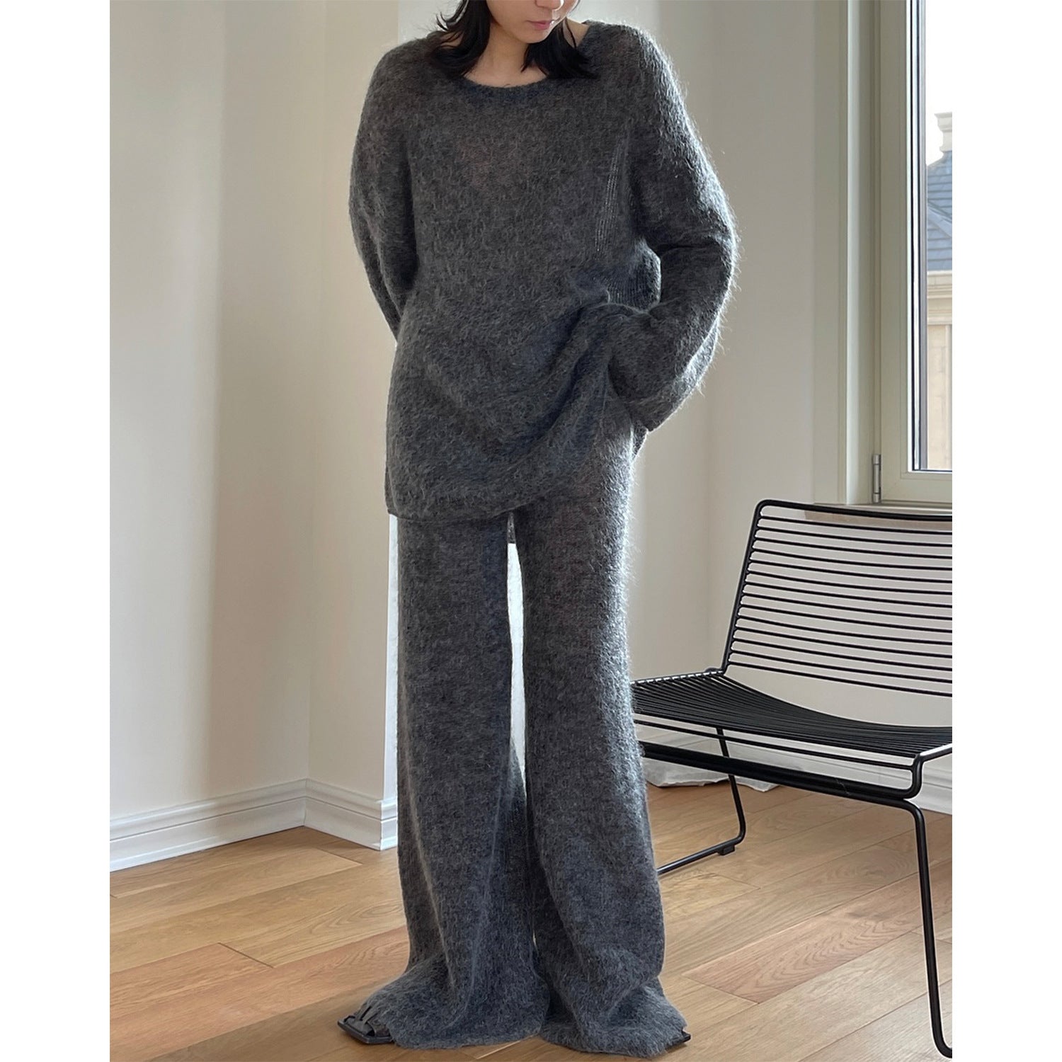 Women Fluffy Palazzo Knit Pants with Wide Leg and Lounge Silhouette Chichicherry