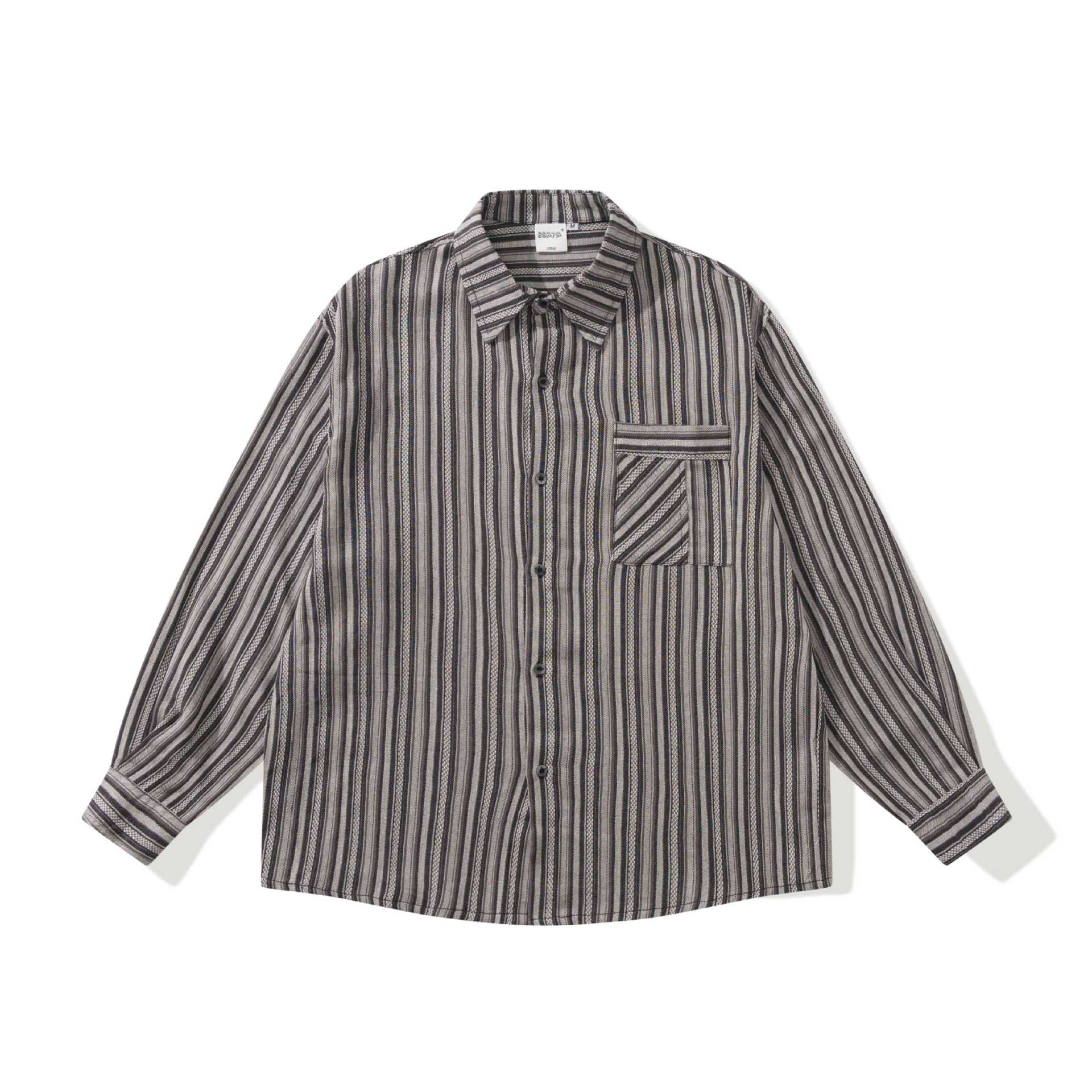 Men's Loose Overshirt-Shirt with Striped Woven Texture, Chest Pocket and Casual Cut Chichicherry