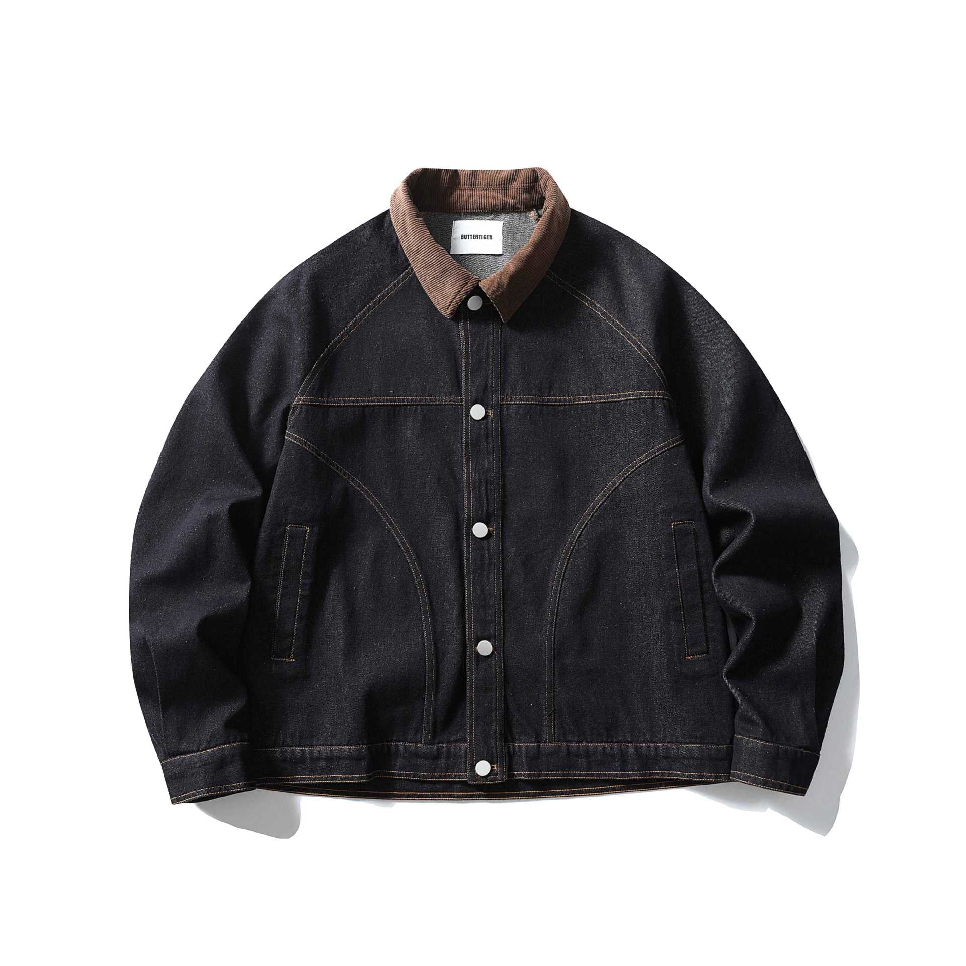 Men's Boxy Denim Jacket with Cord Collar and Snap Button Placket Chichicherry