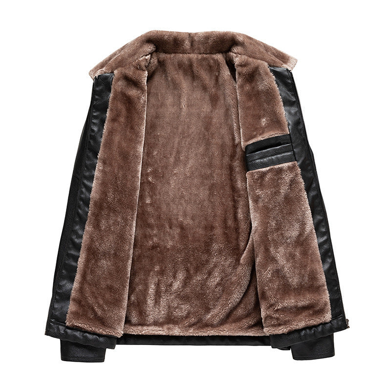 Men's Faux Leather Pilot Jacket with Teddy Collar and Zipper Chichicherry