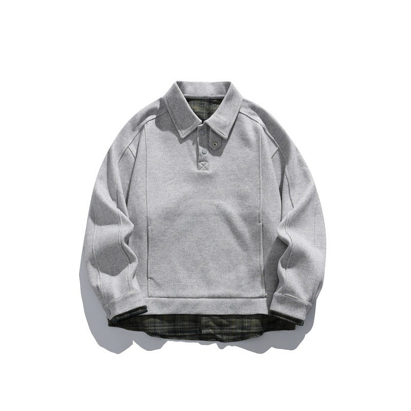 Men's Long-Sleeved Polo Sweatshirt with Kent Collar, Button Placket and Integrated Check Layer Chichicherry