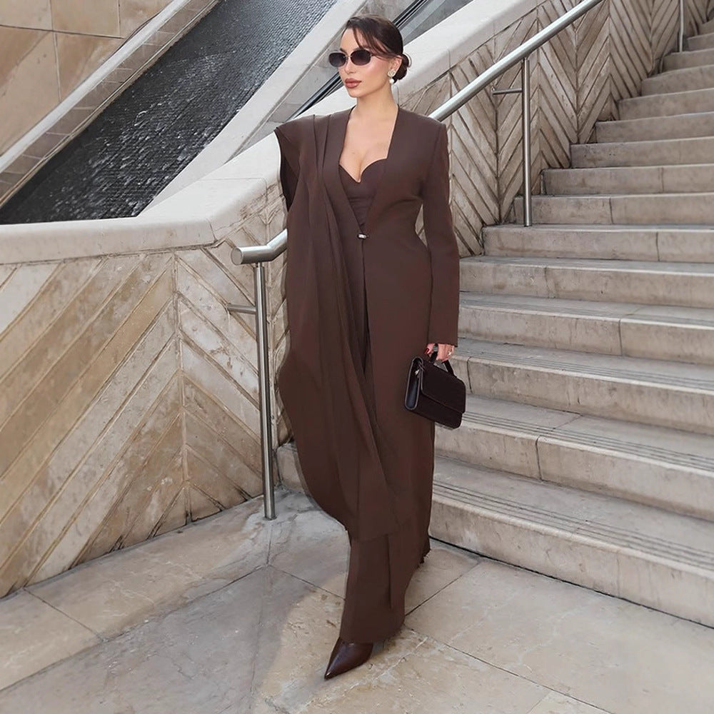 Women Elegant Coat Dress with Cape Shoulder and Tailored Silhouette Chichicherry