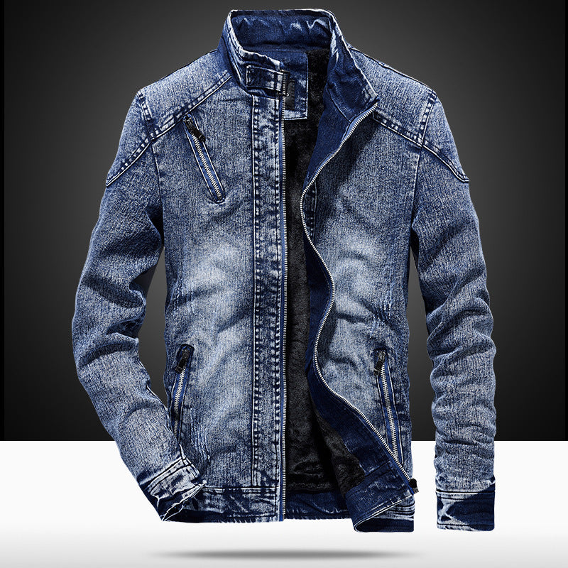 Men's Slim-Fit Denim Work Jacket with Stand Collar and Zipper Details Chichicherry