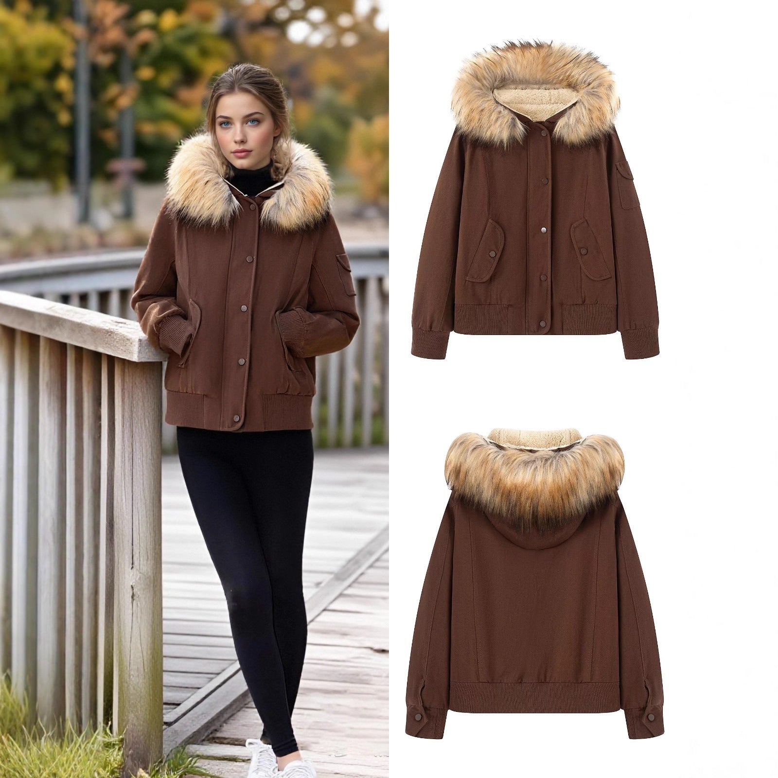 Women's Padded Bomber Jacket with Hood and Removable Faux Fur Collar Chichicherry