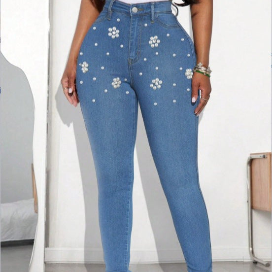 Women's High-Waisted Skinny Jeans with Floral Rhinestone Applications and Shaping Stretch Cut Chichicherry