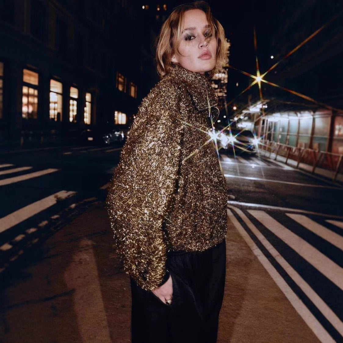 Ladies Glittering Boucle Zip Jacket with Wide Collar and Cropped Boxy Cut Chichicherry