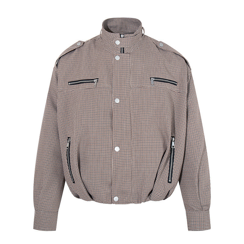 Women's Short Quilted Bomber Jacket in Houndstooth Pattern with Stand-Up Collar and Zipper Pockets Chichicherry