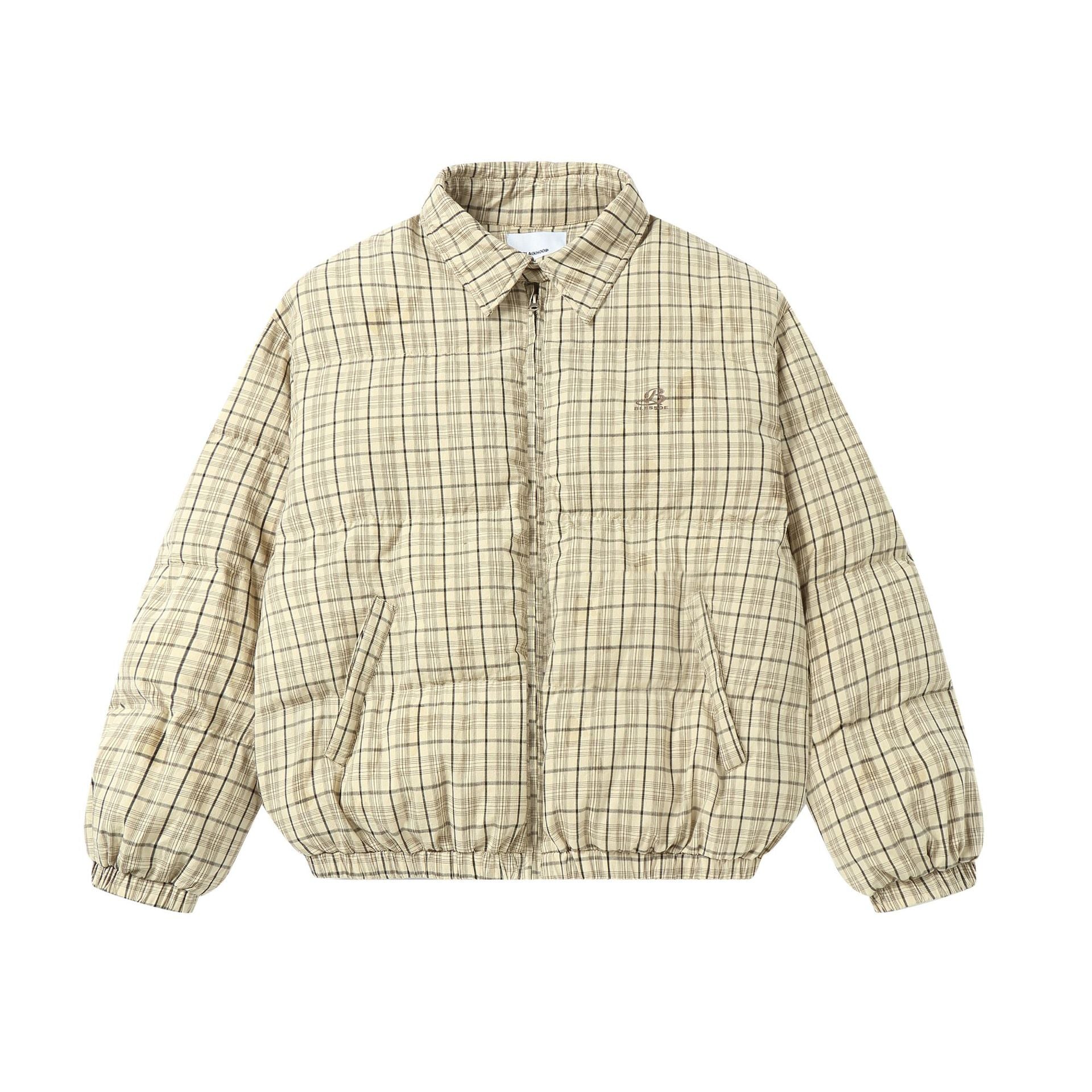 Unisex Short Cut Checked Padded Jacket with High Collar and Elastic Hem Chichicherry