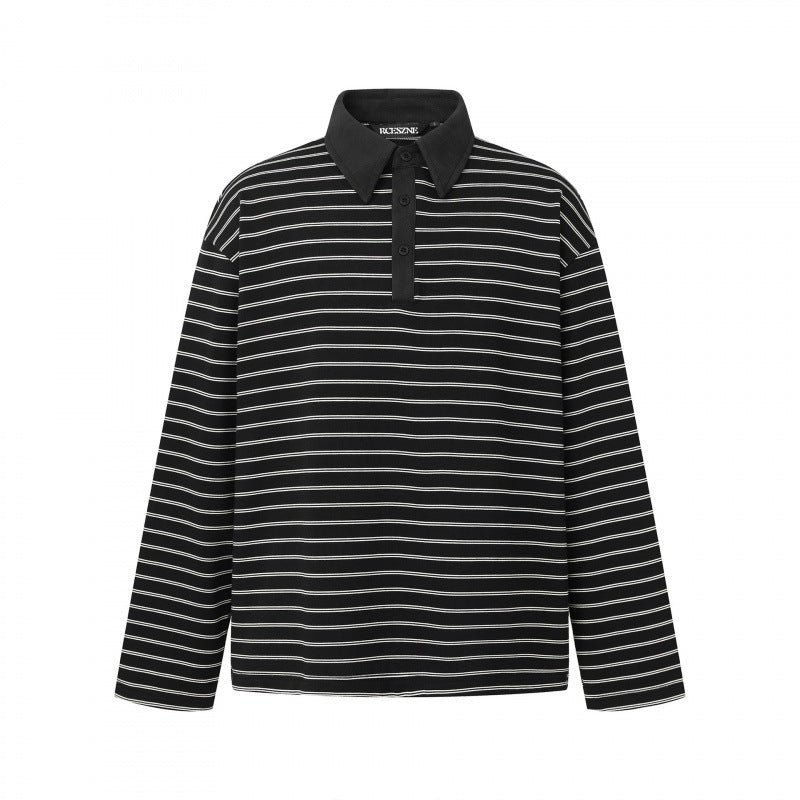 Unisex Long Sleeve Polo Shirt in Oversized Cut made from Cotton Jersey with Stripes and Henley Button Placket Chichicherry