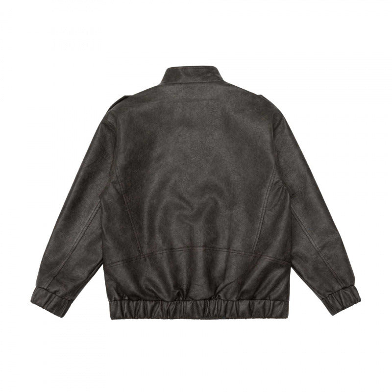 Men's Boxy Faux Leather Blouson with Stand Collar, Shoulder Epaulettes and Elastic Hem Chichicherry