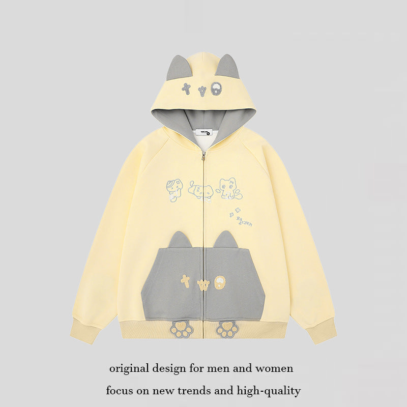 Women's hooded sweatshirt jacket with ears, full-length zipper, kangaroo pocket with paw appliqué and playful embroidery Chichicherry