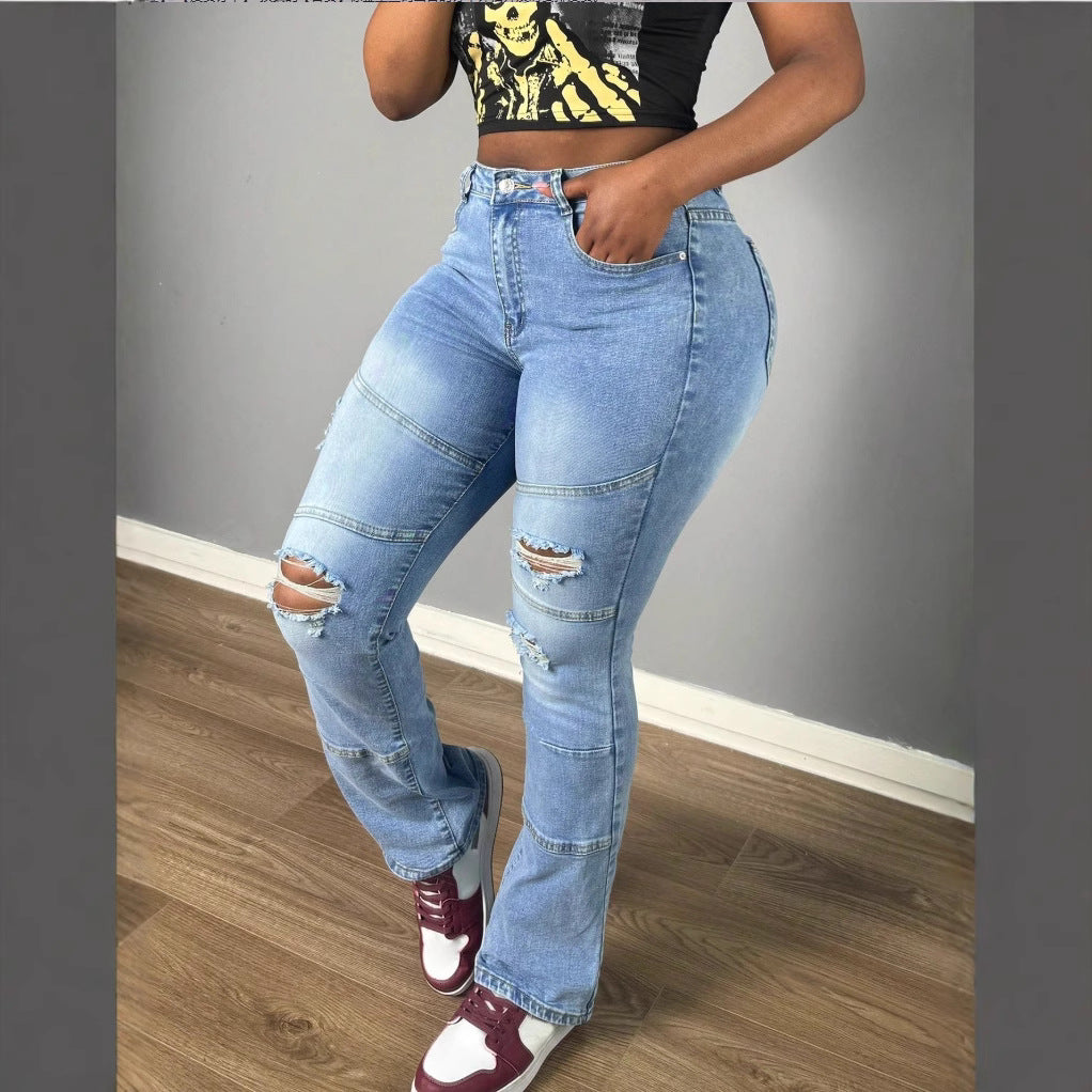 Women's jeans pants with high waist, straight leg, knee ribs and panel seams Chichicherry