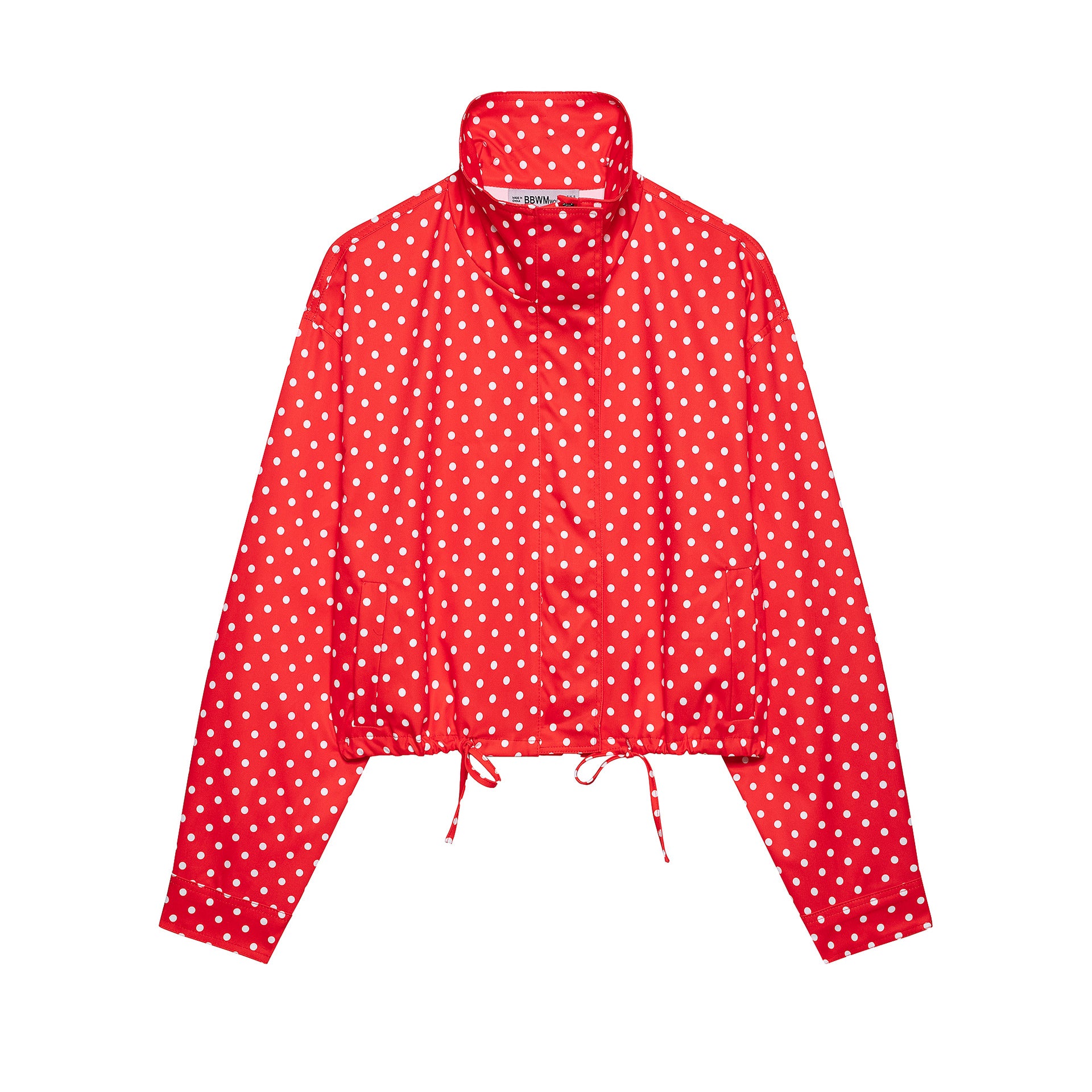 Women's Polka Dot Cropped Rain Jacket with Stand Collar and Drawstring Hood