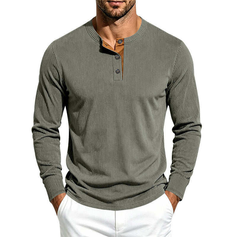 Men's Long Sleeve Ribbed Knit Henley Shirt with Button Placket and Round Neck Collar Chichicherry