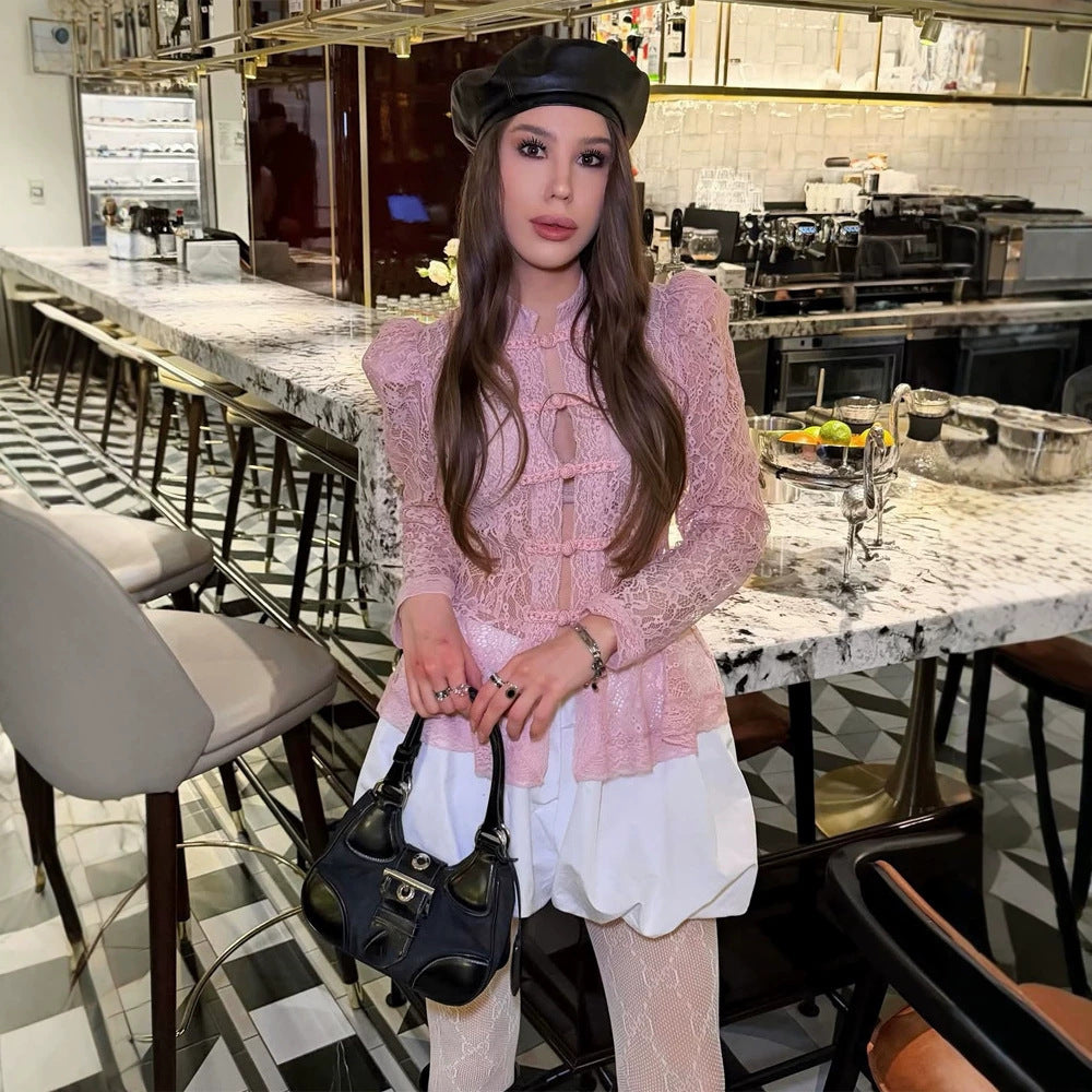 Women Romantic Lace Blouse in Victorian Style with Stand-up Collar, Knot Closures and Puff Sleeves Chichicherry