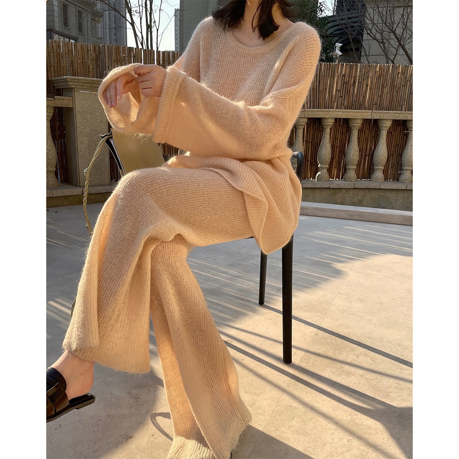 Women Fluffy Palazzo Knit Pants with Wide Leg and Lounge Silhouette Chichicherry