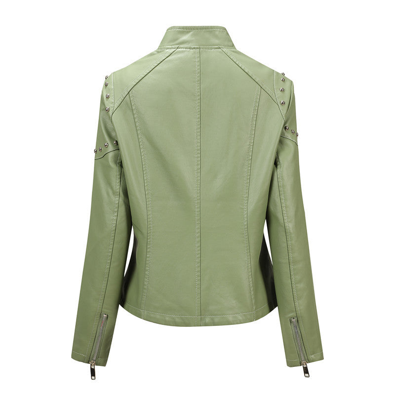 Women Asymmetrical Faux Leather Biker Jacket with Studs & Asymmetrical Zipper Chichicherry