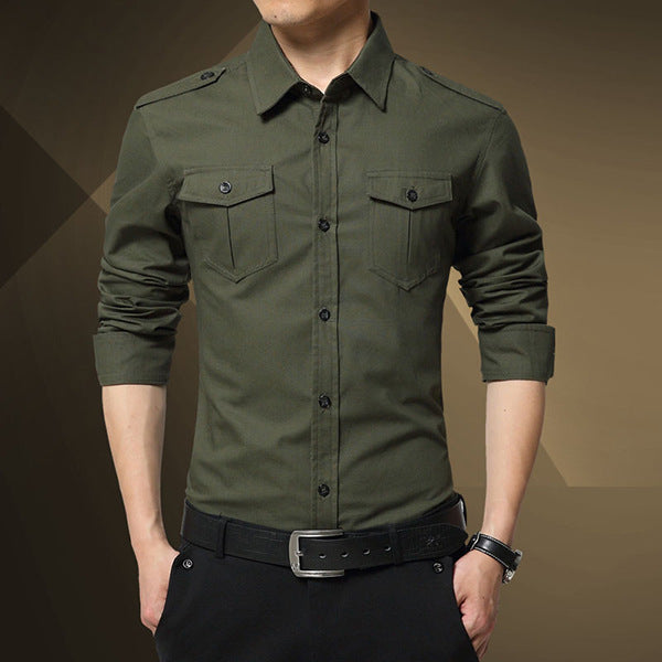 Men's Slim-Fit Cotton-Blend Utility Shirt with Shoulder Flaps and Chest Patch Pockets Chichicherry