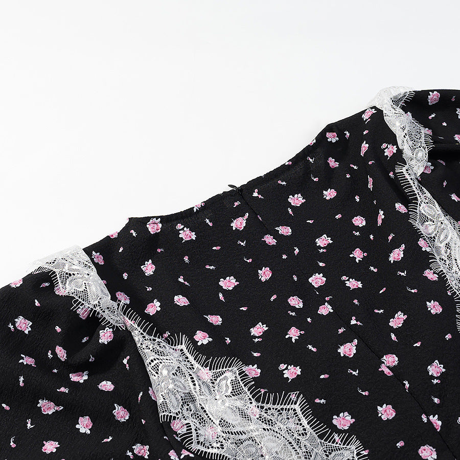 Ladies max dress with lace insert, long sleeves and floral all-over print Chichicherry