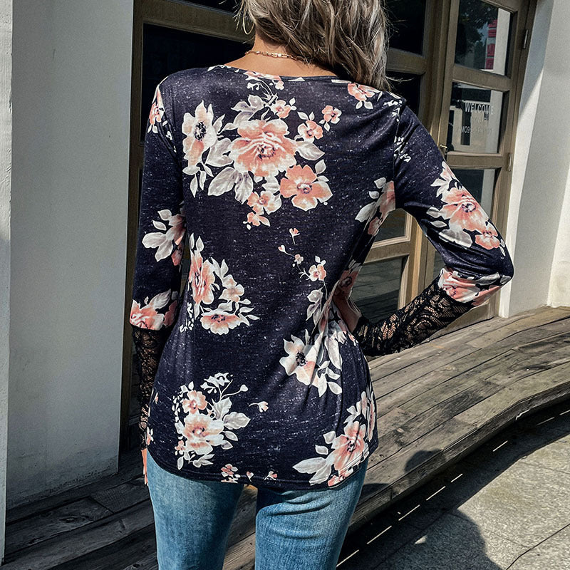 Women's Henley top with rose print, lace cuffs and decorative button placket Chichicherry