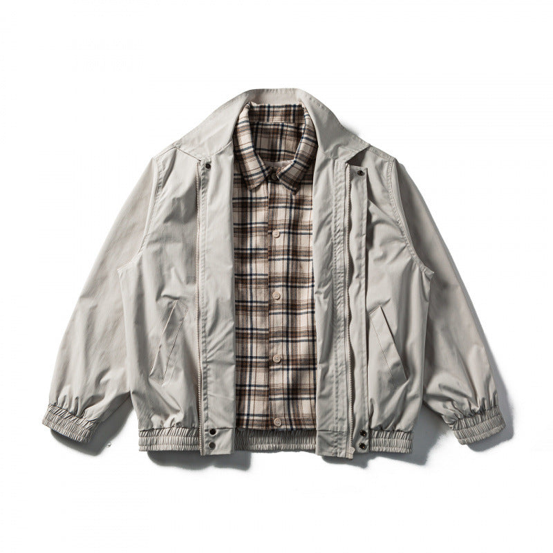 Men's Short Cut Boxy Transition Jacket with Checked Collar and Elastic Hem Chichicherry