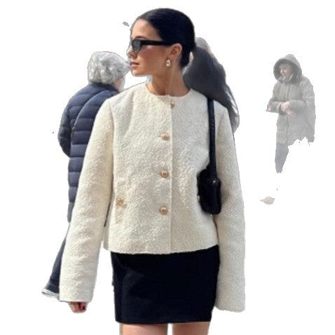 Women's Boucle Jacket with Gold-Embellished Buttons and Boxy Cropped Cut Chichicherry