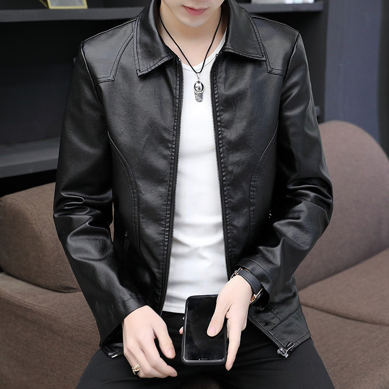 Men's slim artificial leather blouson with shirt collar and ergonomic shoulder quilting Chichicherry