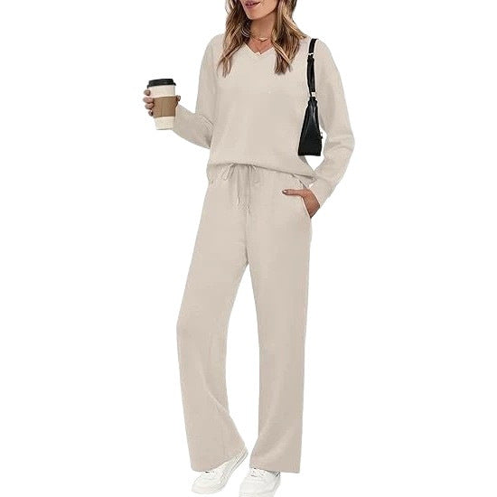 Women Casual Lounge Set with V-Neck Sweatshirt and Loose Drawstring Pants Chichicherry