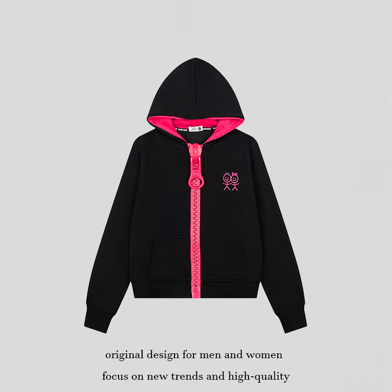 Women's Hoodie Sweat Jacket with Oversized Zipper and Minimalist Embroidery Chichicherry