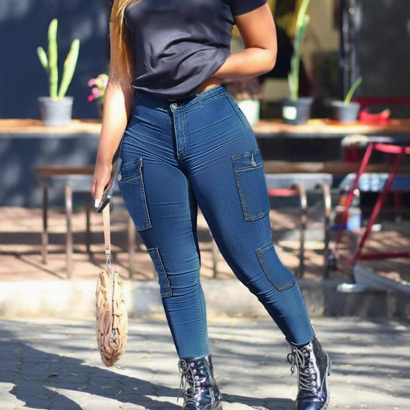 Women's High-Waisted Sculpting Skinny Jeans with Flat Cargo Pockets and Shaping Waistband Chichicherry